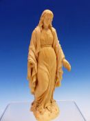 A 19th C. DIEPPE IVORY CARVING OF THE VIRGIN MARY STANDING WITH ONE FOOT ON A SERPENT, HER LOOSE