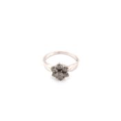 AN 18ct HALLMARKED WHITE GOLD DIAMOND CLUSTER RING. APPROX DIAMOND WEIGHT STATED 0.75cts. FINGER