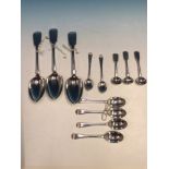 A GROUP OF HALLMARKED SILVER SPOONS INCLUDING THREE SALT SPOONS, THREE SERVING SPOONS, A PAIR OF TEA