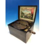 A SYMPHONIUM PLAYING A 19.5cms. DISC WITHIN AN EBONISED BOX WITH FLORAL PRINTED LID. THE BOX. W 27 x