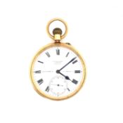 AN 18ct HALLMARKED GOLD OPEN FACE POCKET WATCH, BY S.SMITH AND SONS. THE WHITE ENAMEL DIAL WITH