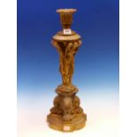 A 19th C. BRASS LAMP BASE SUPPORTED ON THE SHOULDERS OF THREE CLASSICAL LADIES STANDING ON FOLIAGE