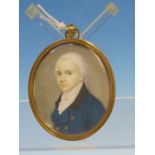 JOSEPH SAUNDERS (ACTIVE 1773-1845), HIS 1799 OVAL PORTRAIT MINIATURE OF GENTLEMAN WEARING A BLUE