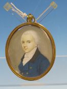JOSEPH SAUNDERS (ACTIVE 1773-1845), HIS 1799 OVAL PORTRAIT MINIATURE OF GENTLEMAN WEARING A BLUE