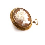 AN ANTIQUE CARVED HELMET SHELL PORTRAIT CAMEO OF A YOUNG ROMAN MAIDEN WITH APPLE GARLAND, SET IN