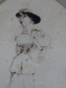 ATTRIBUTED TO HENRY TONKS (1862-1937) THE YOUNG MOTHER. OVAL PEN AND INK DRAWING, INSCRIBED VERSO.