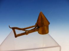 A SWISS BRASS CANDLE SNUFFER WITH A CONICAL HAT LEVERING DOWN TO A COLLAR TO PUT AROUND THE CANDLE