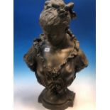 AFTER HIPPOLYTE MOREAU (1832-1927), A SPELTER BUST OF A YOUNG LADY WITH FLOWERS IN HER HAIR AND