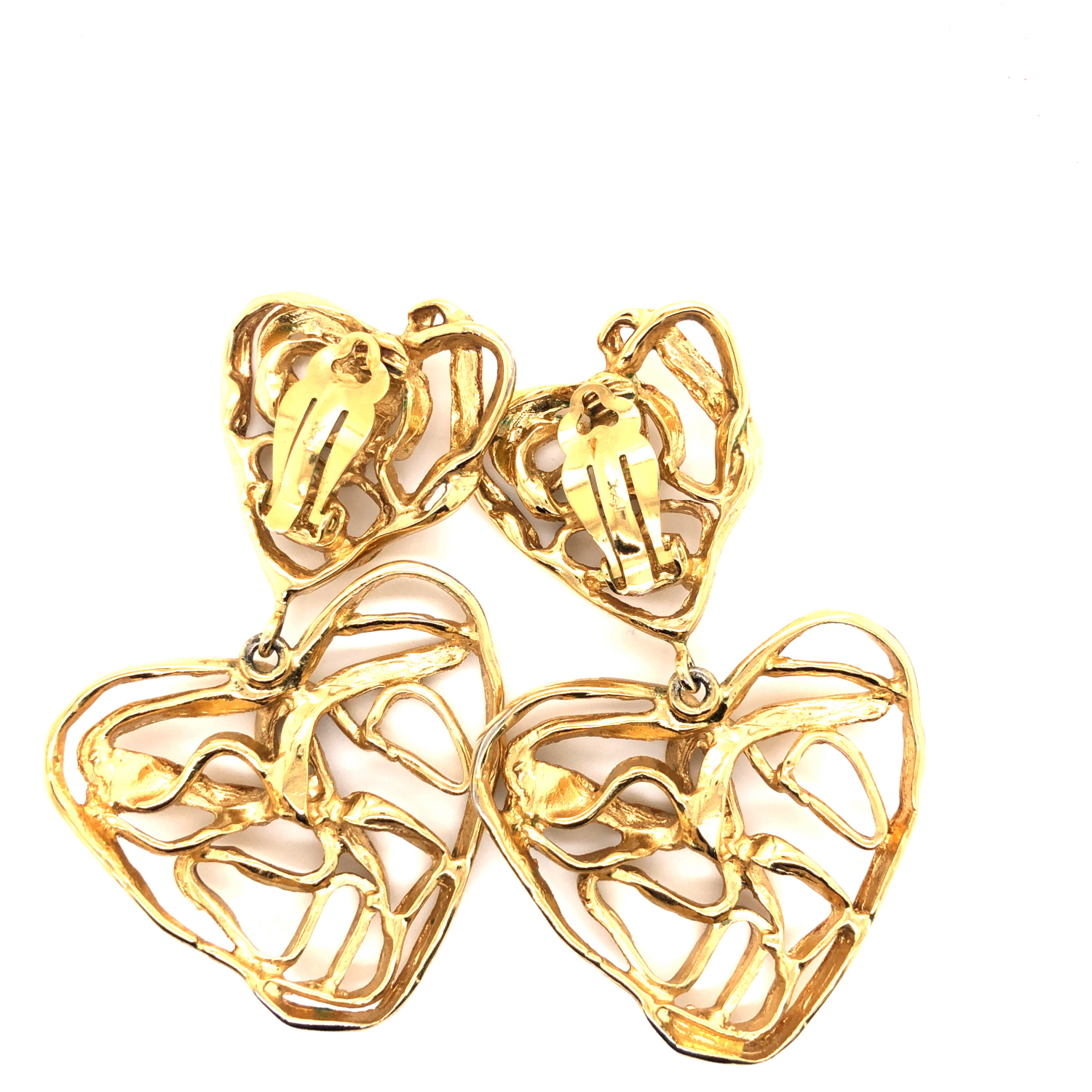 A PAIR OF YVES SAINT LAURENT CLIP-ON VINTAGE GOLD PLATED DOUBLE HEART DROP ARTICULATED EARRINGS. - Image 2 of 4