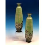 A PAIR OF DOULTON VASES BY ELIZA SIMMANCE, THE SLENDER OVOID SHAPES GLAZED IN GREEN ABOVE ROSES