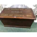 A VINTAGE PINE TRUNK, THE LID INSCRIBED IN WHITE GWR EMERGENCY KIT KINGHAM CARE OF SIGNAL BOX. W