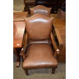 PAIR OF REPRODUCTION OAK LEATHER UPHOLSTERED CARVER CHAIRS