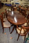 REPRODUCTION MAHOGANY TWIN PEDESTAL EXTENDING DINING TABLE WITH THREE LOOSE LEAVES, 109CM WIDE