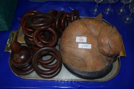 TRAY CONTAINING TREEN ITEMS INCLUDING MODEL OF A CAT