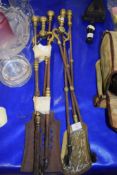 GROUP OF FIRESIDE IMPLEMENTS INCLUDING TONGS AND SMALL SHOVEL