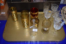 TRAY CONTAINING GLASS WARES, SOME WITH GILT DECORATION