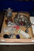 TRAY CONTAINING SILVER METAL FLATWARES AND A COFFEE POT