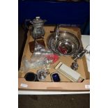 TRAY CONTAINING SILVER METAL FLATWARES AND A COFFEE POT