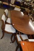 REPRODUCTION MAHOGANY TWIN PEDESTAL DINING TABLE, 154CM LONG TOGETHER WITH A SET OF SIX REPRODUCTION