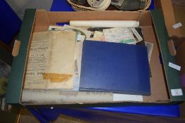 BOX CONTAINING EPHEMERA INCLUDING STAMP ALBUM