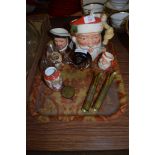 TRAY CONTAINING CERAMIC ITEMS AND TWO BRASS HOLDERS INCLUDING A ROYAL DOULTON MODEL OF SANTA CLAUS