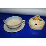CLARICE CLIFF MY GARDEN CIRCULAR BOX AND COVER, TOGETHER WITH CLARICE CLIFF SOUP BOWL AND STAND