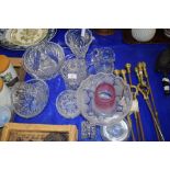 GROUP OF CUT GLASS WARES INCLUDING A FRUIT BOWL, VASE AND TWO OTHER BOWLS ETC