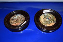 PAIR OF PRATT WARE LIDS IN WOODEN FRAMES