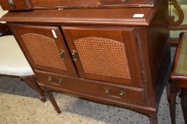 MODERN CANE AND MAHOGANY STAINED SIDE CABINET, 85CM WIDE