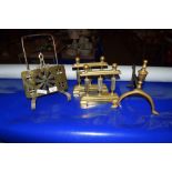 PAIR OF BRASS FIRE DOGS, FURTHER FIRE DOG AND LETTER RACK