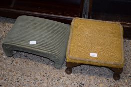 SMALL YELLOW UPHOLSTERED FOOTSTOOL, TOGETHER WITH A FURTHER GREEN UPHOLSTERED FOOTSTOOL, 53 AND 39CM