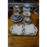 QUANTITY OF CHINA INCLUDING A SANDWICH SET BY WOODS AND A 19TH CENTURY FLOW BLUE TEA POT AND COVER