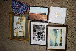 BOX CONTAINING AN EMBROIDERED TEA COSY AND A WATERCOLOUR AND VARIOUS OTHER PICTURES