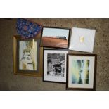 BOX CONTAINING AN EMBROIDERED TEA COSY AND A WATERCOLOUR AND VARIOUS OTHER PICTURES