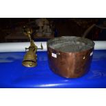 LARGE COPPER SAUCEPAN AND BRASS BELL