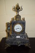 LATE 19TH CENTURY MARBLE SPELTER MOUNTED MANTEL CLOCK WITH FIGURE DECORATION, 27CM WIDE