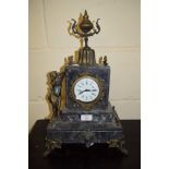 LATE 19TH CENTURY MARBLE SPELTER MOUNTED MANTEL CLOCK WITH FIGURE DECORATION, 27CM WIDE