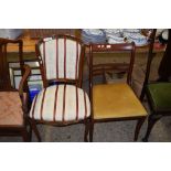 REPRODUCTION REGENCY STRIPE UPHOLSTERED SIDE CHAIR AND A FURTHER MODERN DINING CHAIR