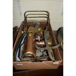 BOX CONTAINING VARIOUS METAL WARES, COPPER AND BRASS IMPLEMENTS AND SET OF SCALES