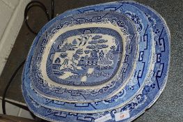 THREE BLUE AND WHITE PRINTED MEAT DISHES