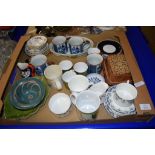 TRAY OF VARIOUS CHINA ITEMS, MAINLY MUGS AND SAUCERS