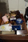 BOX CONTAINING VARIOUS CHINA INCLUDING JAPANESE VASE AND DUTCH MODEL OF A HOUSE