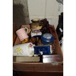 BOX CONTAINING VARIOUS CHINA INCLUDING JAPANESE VASE AND DUTCH MODEL OF A HOUSE