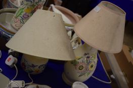 TRAY CONTAINING POOLE WARES AND TWO POOLE POTTERY TABLE LAMPS