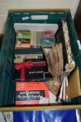 BOX OF VARIOUS EPHEMERA INCLUDING A BRIDGE GAME, SOME STAMPS, ALBUMS AND OTHER BRIDGE EPHEMERA