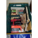 BOX OF VARIOUS EPHEMERA INCLUDING A BRIDGE GAME, SOME STAMPS, ALBUMS AND OTHER BRIDGE EPHEMERA