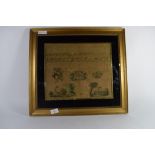 Mid-19th century sampler in gilt frame on black background, the sampler indistinctly signed, with