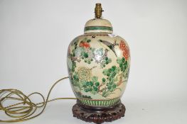 Lamp modelled with a Chinese porcelain large ginger jar and cover with crackle effect and