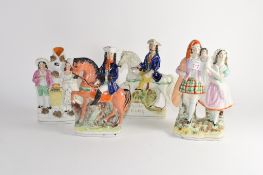 Group of Staffordshire figures including Tom King on horseback, and further figure on horseback (4)