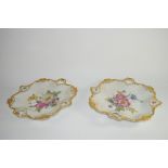 Pair of Continental porcelain dishes decorated in Meissen style of flowers within gilt borders, 30cm